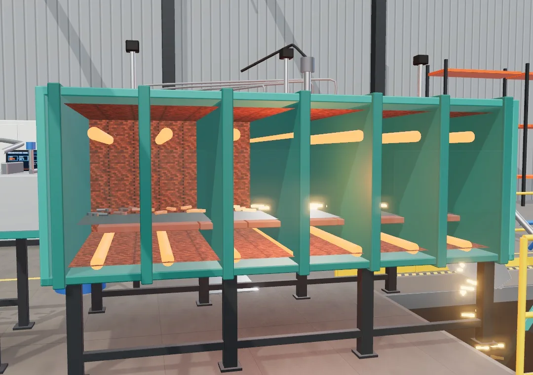 Cut-away of the hardening furnace showing heating tubes and the hot zone