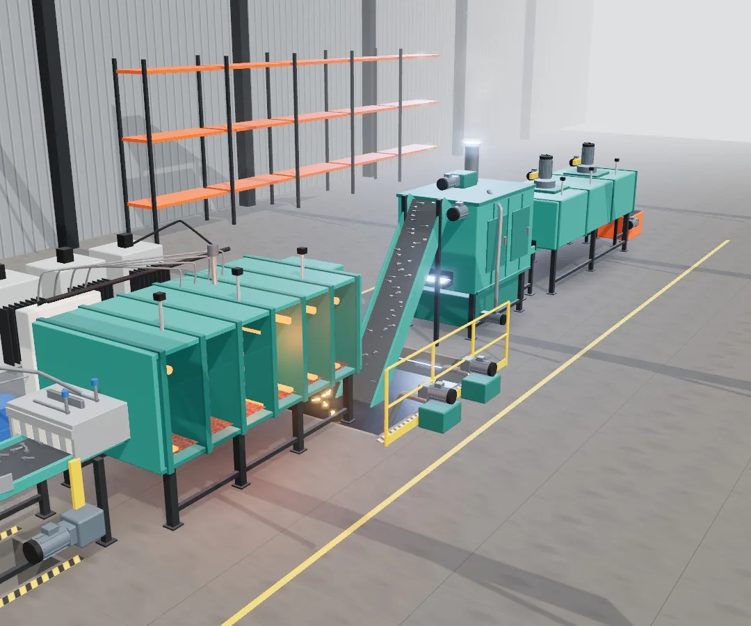 3D view of a continuous mesh-belt hardening and tempering line by Trimurti Furnace